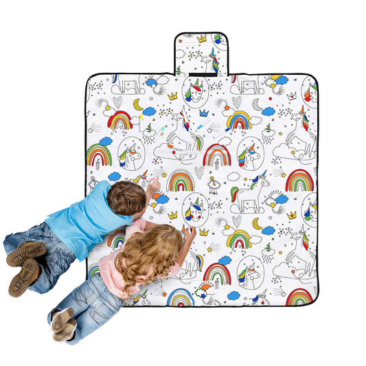 Happy Kids Dream Big Colour Me In Picnic Blanket - Unicorn Print, 125x125 cm