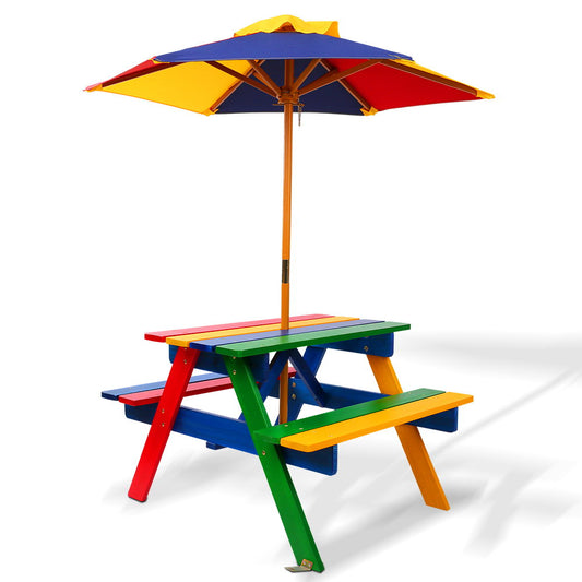 Keezi SunSmart Colourful Kids Wooden Picnic Table with Umbrella