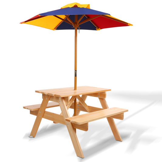Keezi SunSmart Kids Wooden Picnic Table Set with Colourful Umbrella
