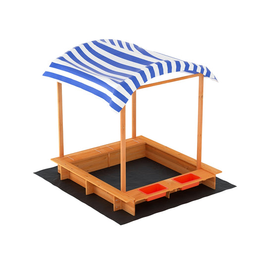 Keezi Kids Wooden Sandbox with Canopy and Water Basins | UV Protection | 146cm | Sandpit with Storage