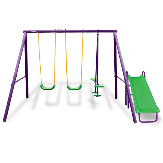 Kahuna Kids Playground | 4-Seater Swing Set with Slide in Purple & Green