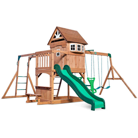 Backyard Discovery Montpelier Play Centre Set - Ultimate Outdoor Wooden Swing and Slide for Kids