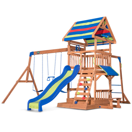 Backyard Discovery Northbrook Play Centre Set - Outdoor Wooden Playset with Slide and Swing